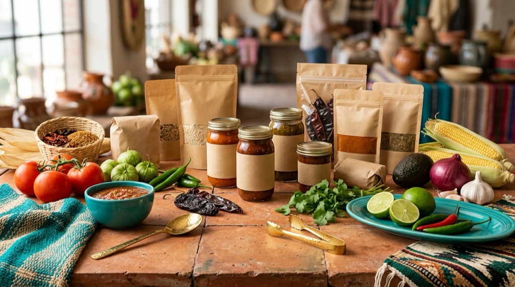 An emerging brand's products styled for an editorial feature on a warm market surface